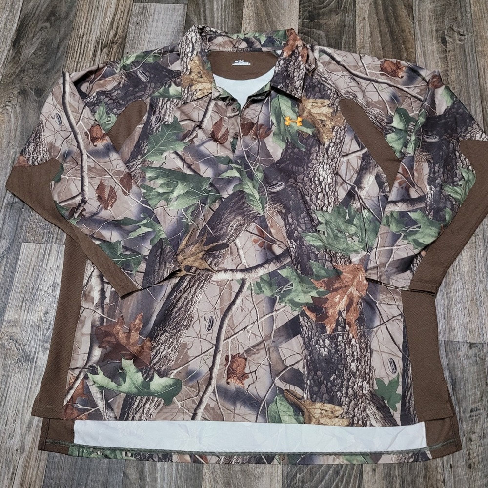 Under Armour Camo Hunting Polo Shirt Mossy Oak Break-Up Brown Mens XXL